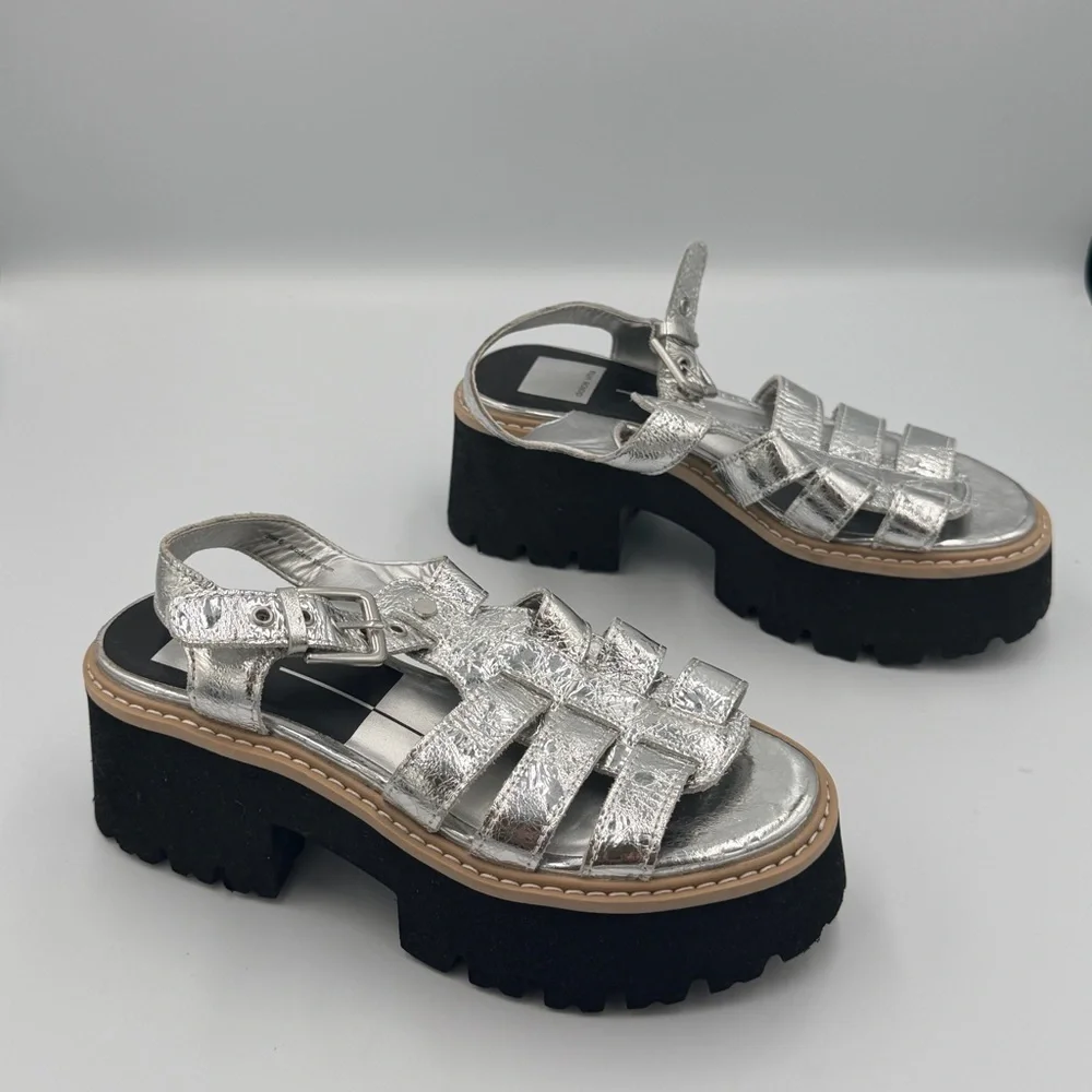 Dolce Vita Silver Metallic Fisherman Black Chunky Heel Platform Boho Sandal 7